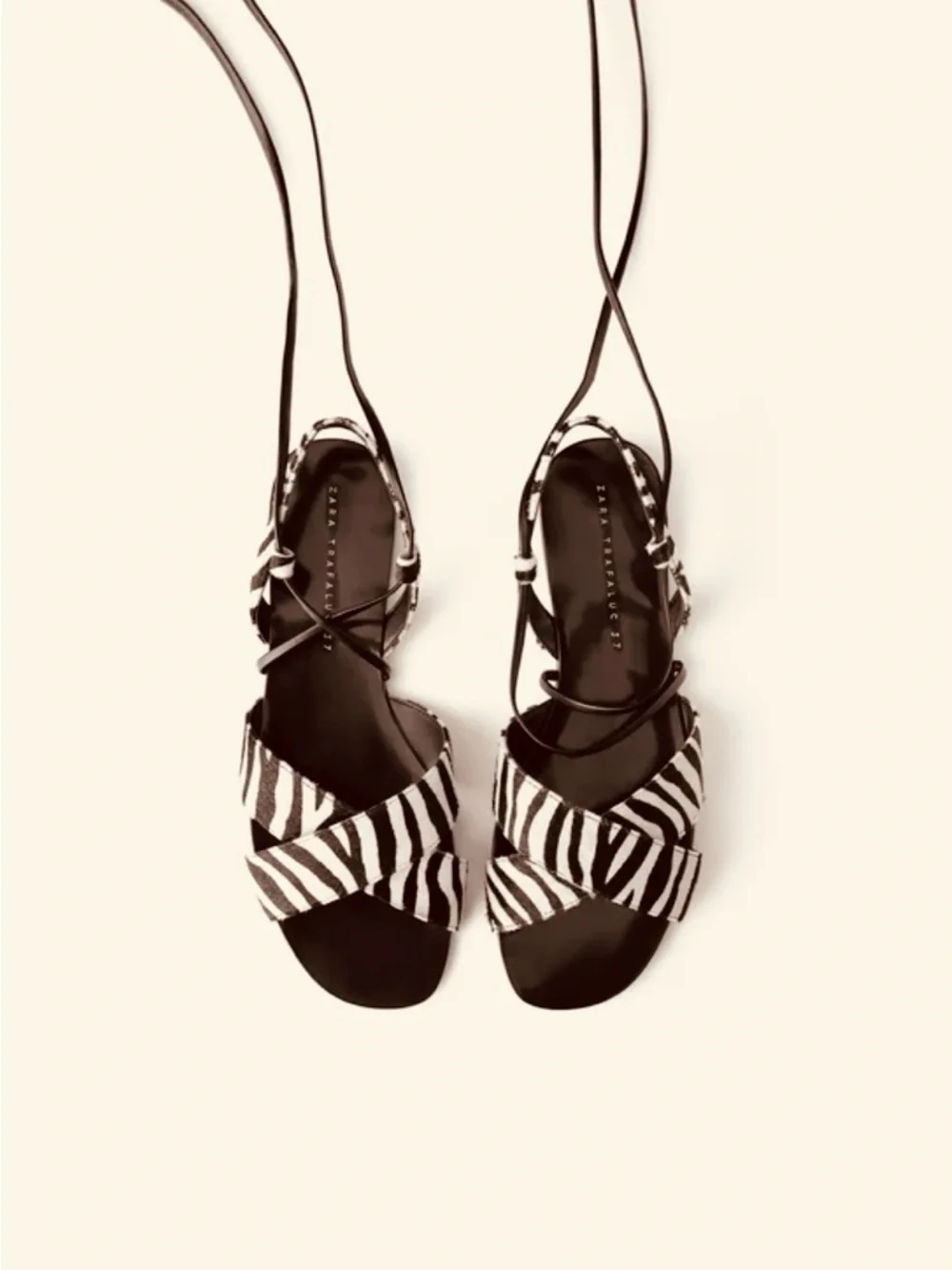 Zara Black and White Zebra-Print Ankle Tie Flat Sandal - Picture 2 of 3